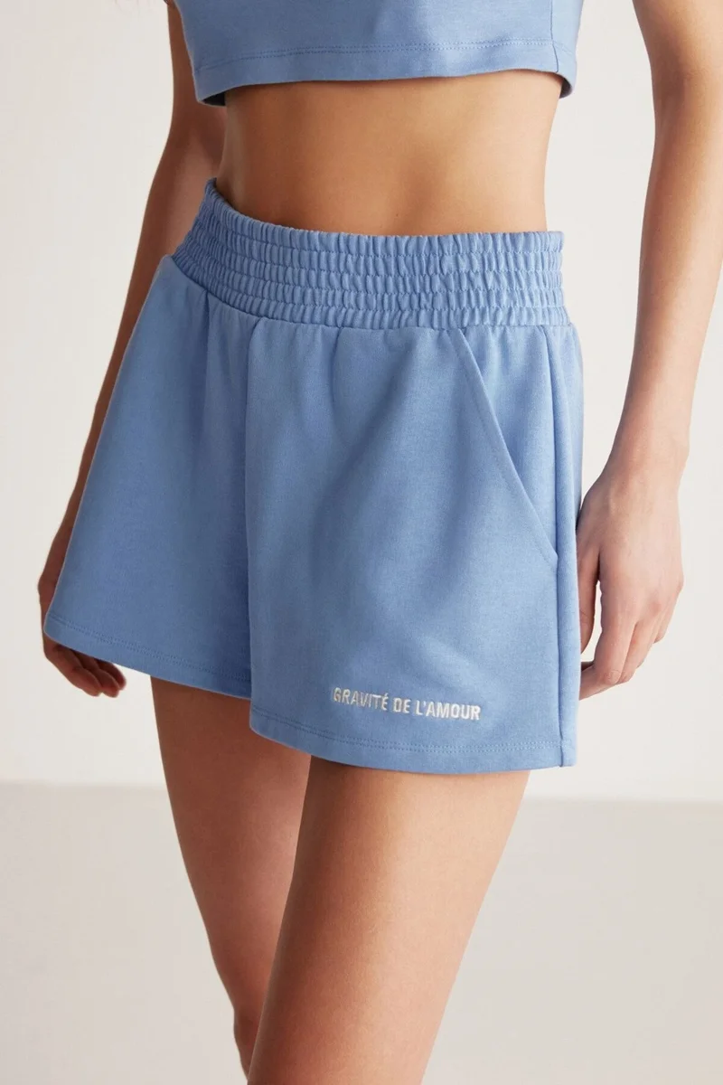GRIMELANGE Carrol Women's Casual Cut Embroidered Elastic Waist Pocket Blue Shorts