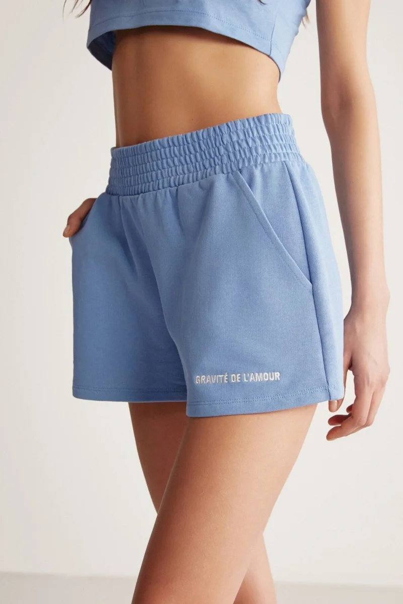GRIMELANGE Carrol Women's Casual Cut Embroidered Elastic Waist Pocket Blue Shorts