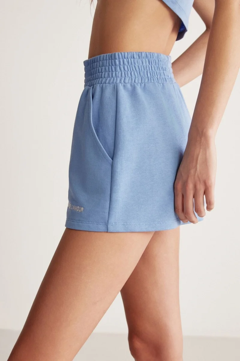 GRIMELANGE Carrol Women's Casual Cut Embroidered Elastic Waist Pocket Blue Shorts