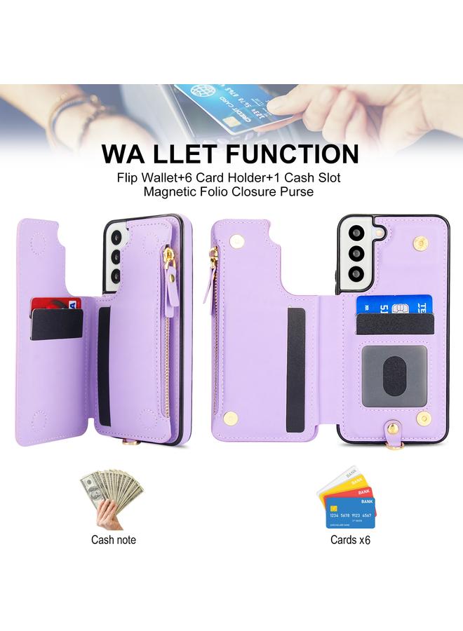 S-TOP Case For Samsung Galaxy S22 5G Double Flap Zipper RFID Leather Phone Case with Short Lanyard - Image 4