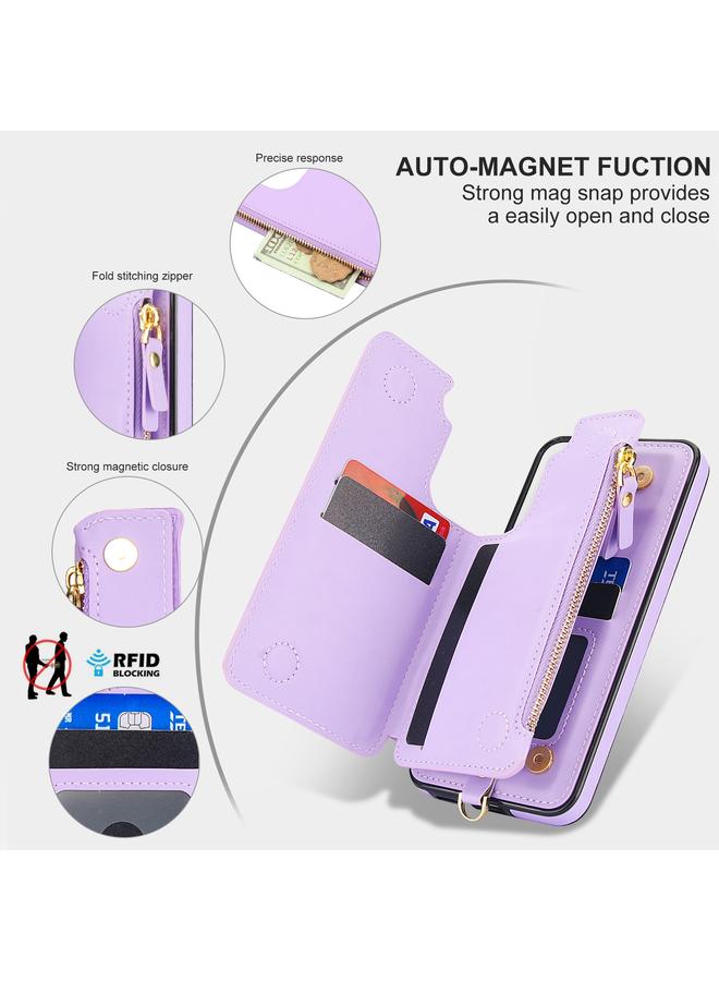 S-TOP Case For Samsung Galaxy S22 5G Double Flap Zipper RFID Leather Phone Case with Short Lanyard - Image 3