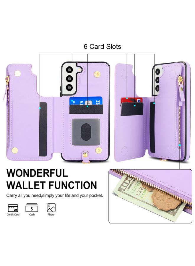 S-TOP Case For Samsung Galaxy S22 5G Double Flap Zipper RFID Leather Phone Case with Short Lanyard - Image 5