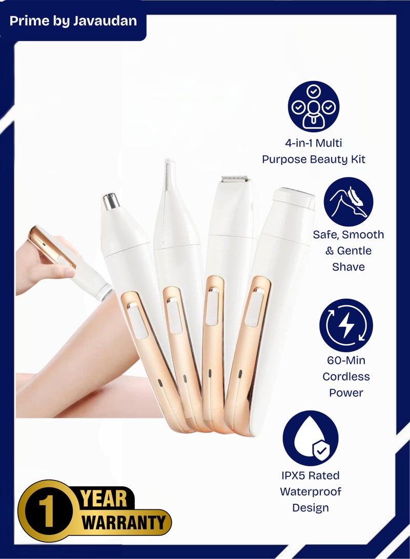 برايم بي جافاودان ماكينة حلاقة كهربائية للبيكيني للسيدات – جهاز 4 في 1 لإزالة الشعر القابل لإعادة الشحن للمنطقة الحساسة وتحت الإبط والوجه – مقاوم للماء ومثالي للسفر مع رؤوس لتشذيب الحواجب والوجه - Image 1