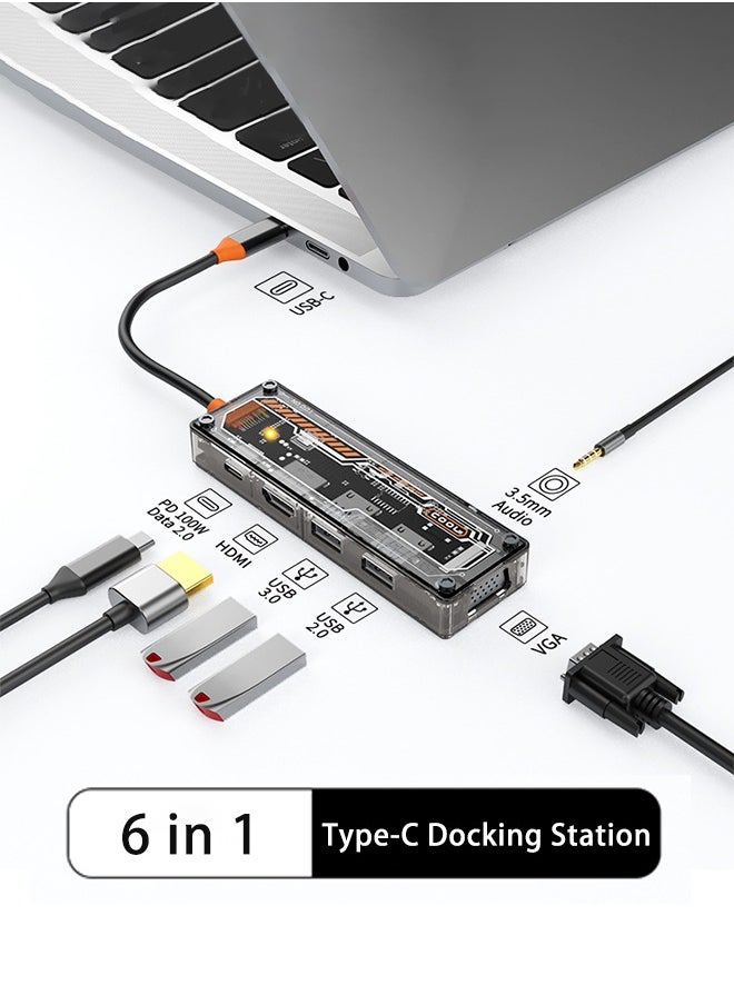 Transparent USB C Hub 6-in-1 Type-C to HDMI 4K 30Hz Adapter with USB 3.0 Port USB 2.0 Port 100W USB-C Powered VGA 1080P Connector for PCs, Tablets and Mobile Phones