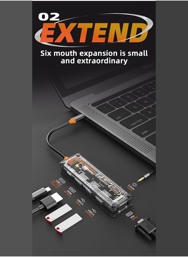 Transparent USB C Hub 6-in-1 Type-C to HDMI 4K 30Hz Adapter with USB 3.0 Port USB 2.0 Port 100W USB-C Powered VGA 1080P Connector for PCs, Tablets and Mobile Phones