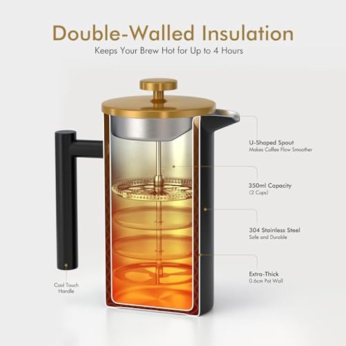 Enfmay Cafetire 350Ml Stainless Steel French Press Coffee Maker 13 Cup 3 Level Filter DoubleWalled Insulated French Press Caffettiere For Home And Office Coffee Pot Including 1Replacement Filter - Image 4