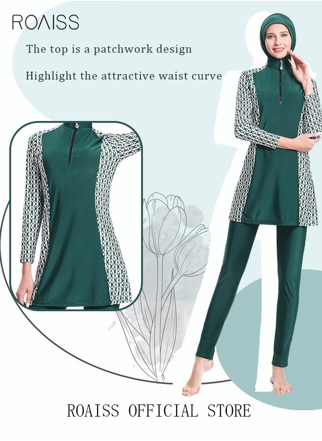 roaiss - 3-Piece Women Conservative Printing Swimsuit Set Muslim Sun Protection Swimwear Swimming Trousers Cap Ladies Beachwear Skirt Bikini Dress Arab Clothing Green - Image 1