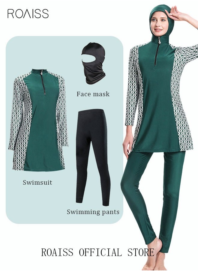 roaiss - 3-Piece Women Conservative Printing Swimsuit Set Muslim Sun Protection Swimwear Swimming Trousers Cap Ladies Beachwear Skirt Bikini Dress Arab Clothing Green - Image 1