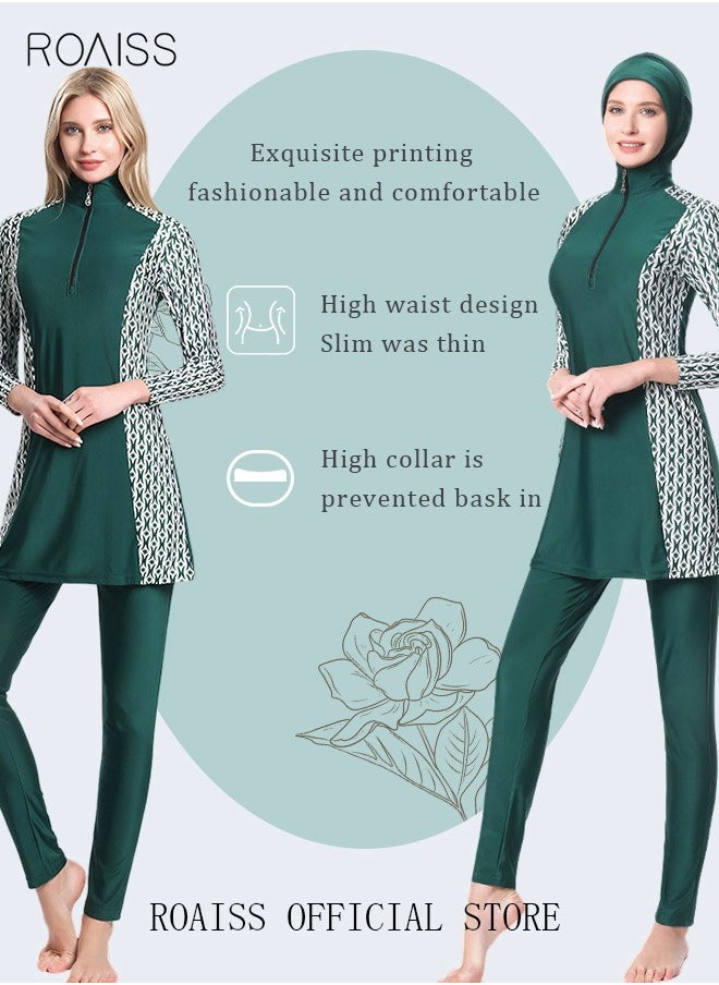 roaiss - 3-Piece Women Conservative Printing Swimsuit Set Muslim Sun Protection Swimwear Swimming Trousers Cap Ladies Beachwear Skirt Bikini Dress Arab Clothing Green - Image 1