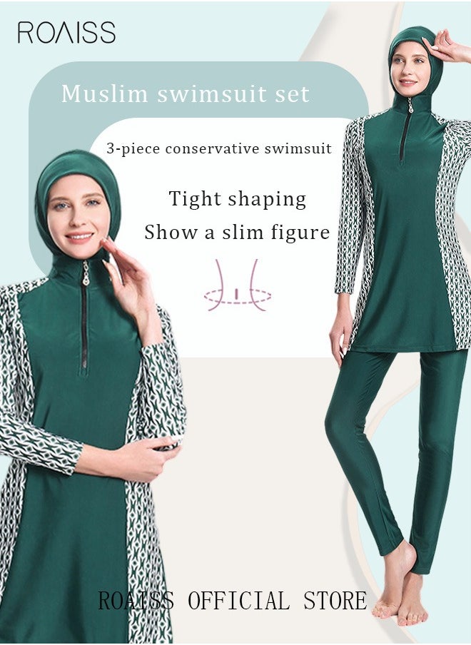 roaiss - 3-Piece Women Conservative Printing Swimsuit Set Muslim Sun Protection Swimwear Swimming Trousers Cap Ladies Beachwear Skirt Bikini Dress Arab Clothing Green - Image 1