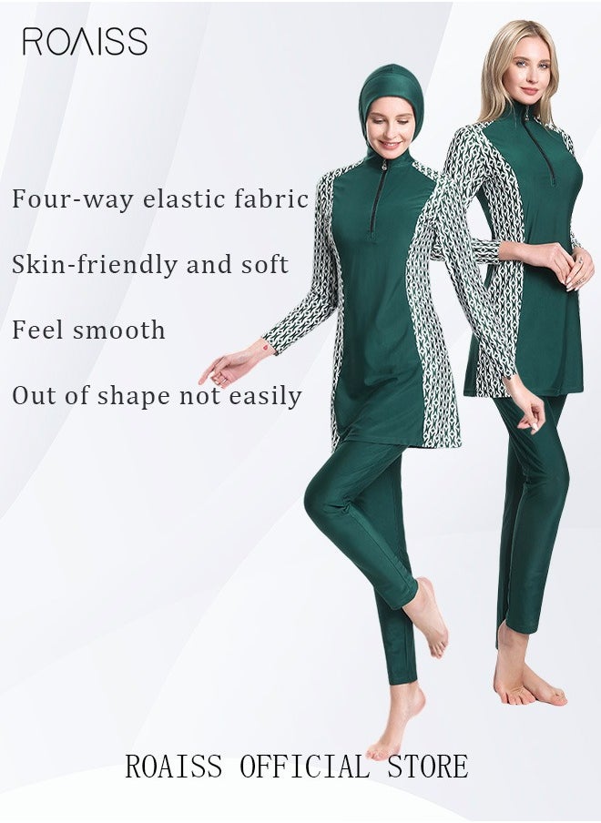 roaiss - 3-Piece Women Conservative Printing Swimsuit Set Muslim Sun Protection Swimwear Swimming Trousers Cap Ladies Beachwear Skirt Bikini Dress Arab Clothing Green - Image 1