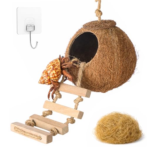 HERCOCCI Gecko Tank Accessories Hermit Crab Toys Coconut Shell Natural Coconut Husk Hut with Climbing Ladder with Suction Cup for Leopard Gecko Snake Reptiles - Image 1