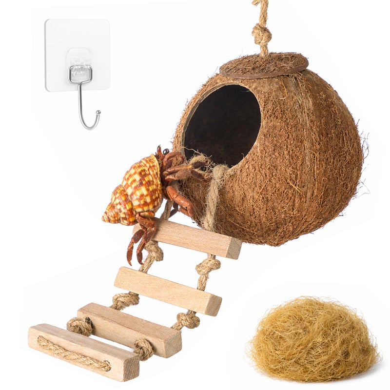 HERCOCCI Gecko Tank Accessories Hermit Crab Toys Coconut Shell Natural Coconut Husk Hut with Climbing Ladder with Suction Cup for Leopard Gecko Snake Reptiles - Image 2
