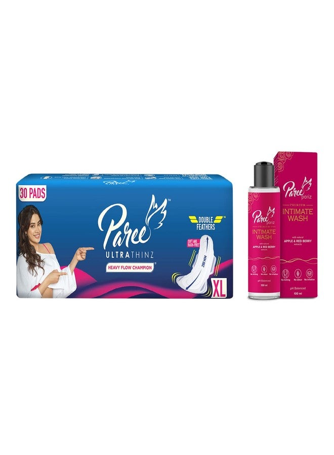 Paree Ultra Thinz Soft & Rash Free Double Feathers XL Tri-Fold Sanitary Pads, 30 Pads + Paree Pariz Intimate Wash with Apple & Red Berry Extracts (100ml) - Image 1