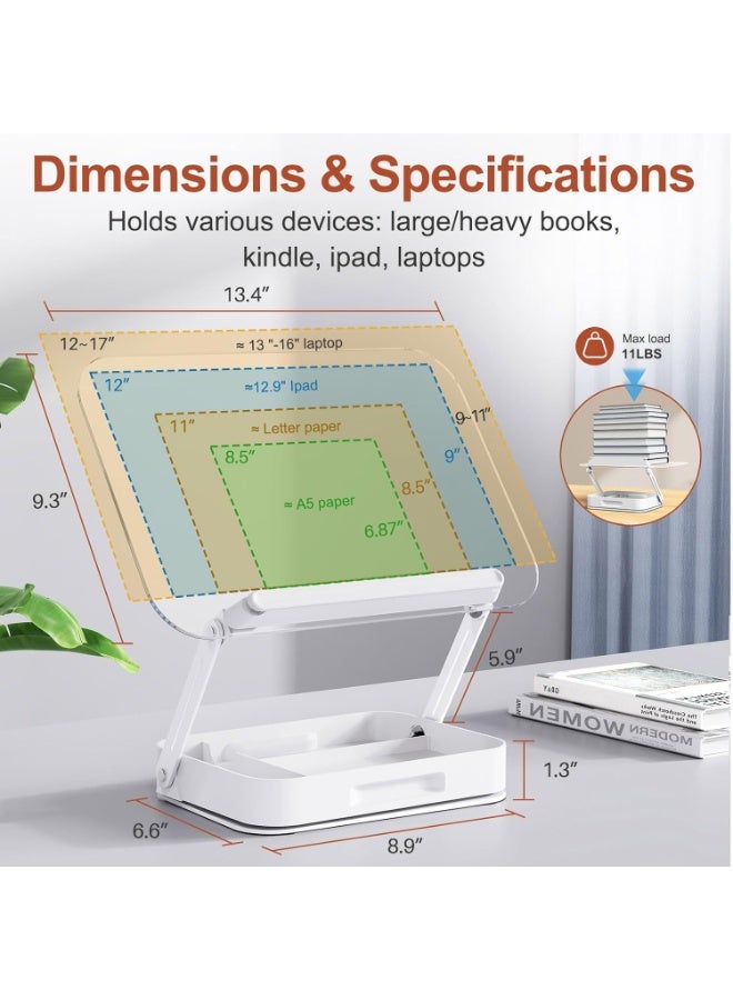 Bukela Acrylic Book Stand with Storage, Adjustable Book Holder for Reading with 360° Rotating Bases, Foldable Desktop Riser Stand, Elastic Clips for Cookbook Recipe Magazines Tablets, Laptops (Clear) - Image 3
