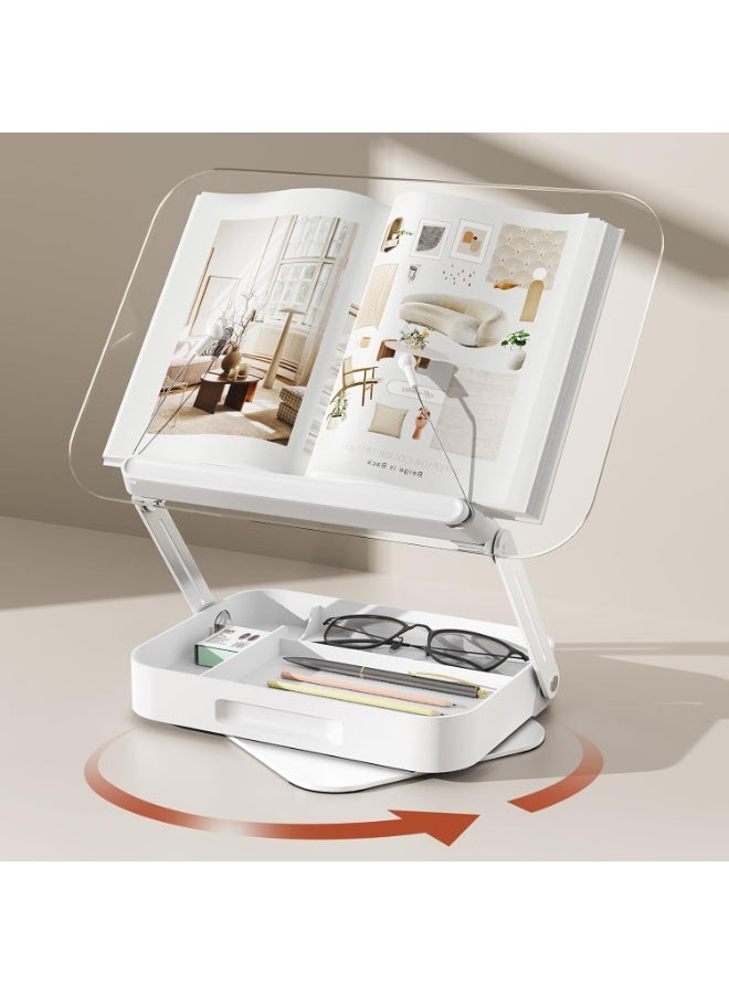 Bukela Acrylic Book Stand with Storage, Adjustable Book Holder for Reading with 360° Rotating Bases, Foldable Desktop Riser Stand, Elastic Clips for Cookbook Recipe Magazines Tablets, Laptops (Clear) - Image 1