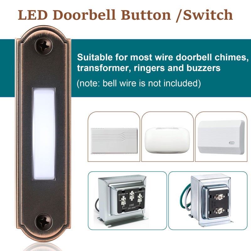 Dreyoo Metal Lighted Doorbell Button, Heavy Duty Metal Wired Door Bell Push Button LED Wall Mounted Doorbell Switch for Universal Garage Door Opener Switch, White Light, Property In Copyright (Bronze) - Image 2