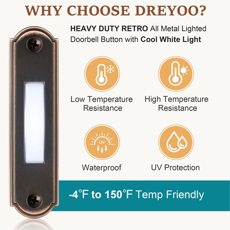 Dreyoo Metal Lighted Doorbell Button, Heavy Duty Metal Wired Door Bell Push Button LED Wall Mounted Doorbell Switch for Universal Garage Door Opener Switch, White Light, Property In Copyright (Bronze) - Image 3