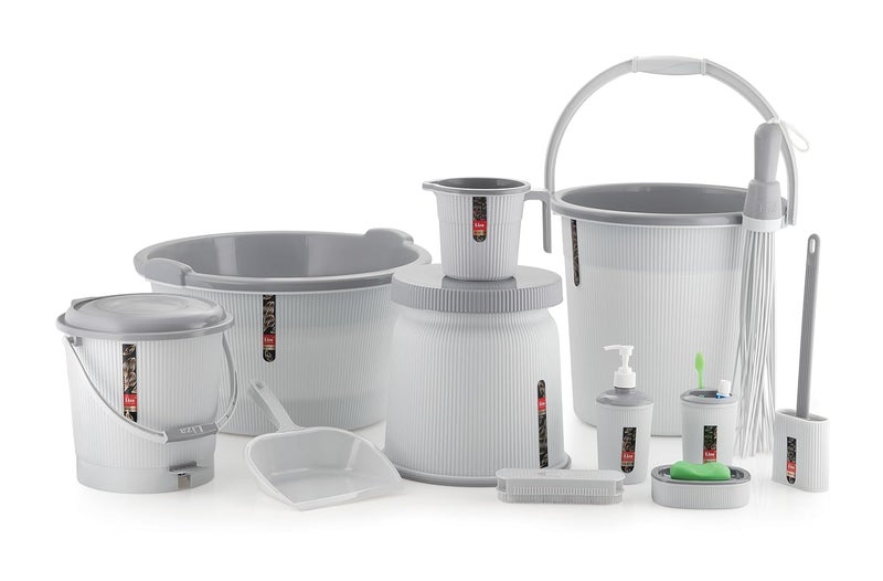 TeDeMel Tedemel Newton 12 Piece Jumbo Complete Bathroom Essential Set for Home Kitchen Bathroom Includes 25L Bucket 30 L Tub Big Stool Dustbin and More Pack of 12 Light Grey  - Image 1