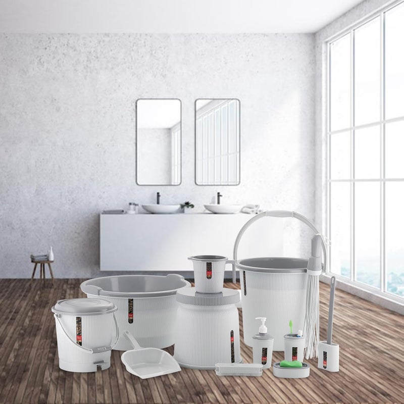 TeDeMel Tedemel Newton 12 Piece Jumbo Complete Bathroom Essential Set for Home Kitchen Bathroom Includes 25L Bucket 30 L Tub Big Stool Dustbin and More Pack of 12 Light Grey  - Image 2