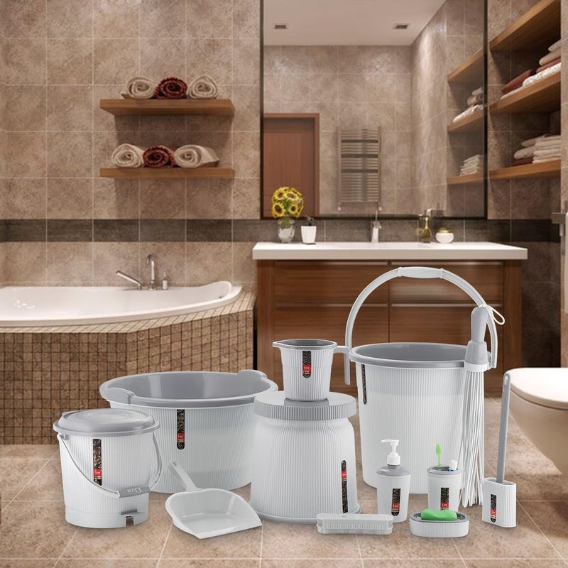 TeDeMel Tedemel Newton 12 Piece Jumbo Complete Bathroom Essential Set for Home Kitchen Bathroom Includes 25L Bucket 30 L Tub Big Stool Dustbin and More Pack of 12 Light Grey  - Image 3