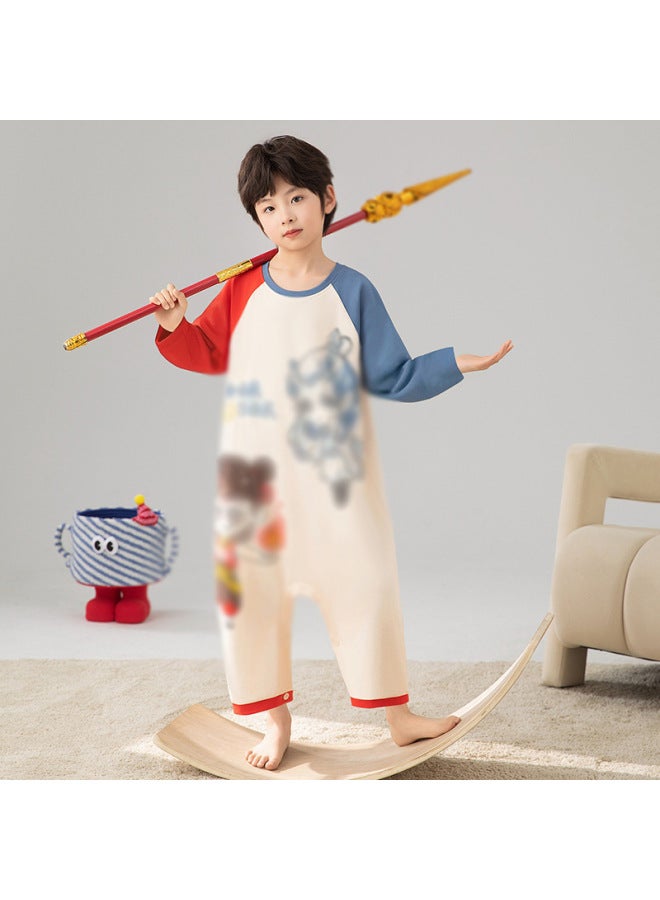 Pure Cotton Kidsren's One-piece Pajamas Long-sleeved Autum Suit Boys And Girls Baby Anti-kick Sleeping Bag Home Clothes