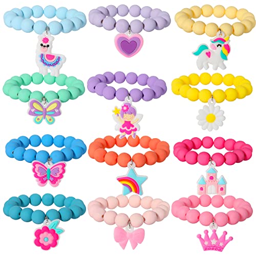 PinkSheep Rainbow Bracelet Colorful Beaded Bracelets for Little Girls Basket Stuffers Unicorn Butterfly Bunny Charm Bracelets Bead Jewelry Cute Elastic Bracelets Party Favors - Image 1