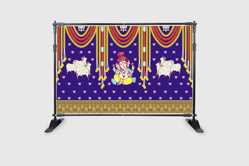 ASHVATH FASHION Ashvath Fashion Marigold and Lotus Flower with Cows and Ganesh ji Design Backdrop Cloth for Pooja Decoration Traditional Background Curtain Cloth for Festival Size 5Feet Height and 8Feet Width5 8  - Image 2