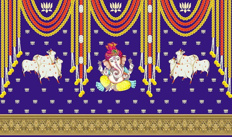 ASHVATH FASHION Ashvath Fashion Marigold and Lotus Flower with Cows and Ganesh ji Design Backdrop Cloth for Pooja Decoration Traditional Background Curtain Cloth for Festival Size 5Feet Height and 8Feet Width5 8  - Image 1