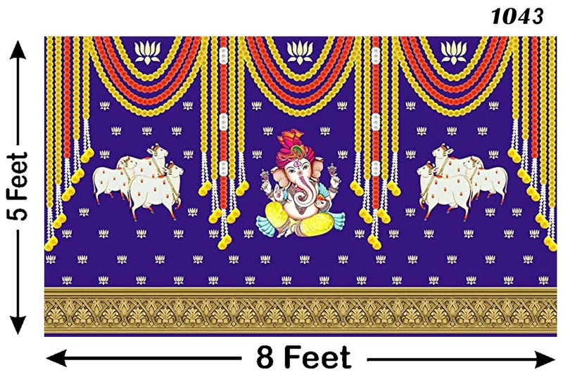 ASHVATH FASHION Ashvath Fashion Marigold and Lotus Flower with Cows and Ganesh ji Design Backdrop Cloth for Pooja Decoration Traditional Background Curtain Cloth for Festival Size 5Feet Height and 8Feet Width5 8  - Image 3