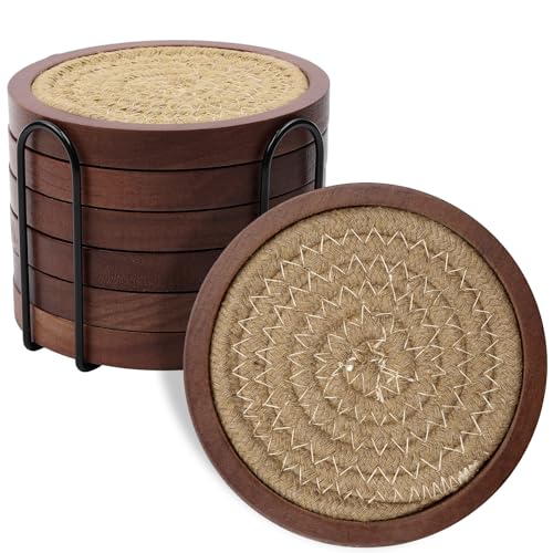 Mckanti 6 Pack Wood Coasters for Drinks with Cotton Coasters Insert, Wooden Coasters with Holder for Coffee Table Decor, Absorbent Coasters for Kinds of Cups, 4.3 Inches - Image 1