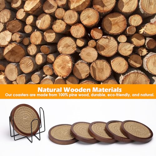 Mckanti 6 Pack Wood Coasters for Drinks with Cotton Coasters Insert, Wooden Coasters with Holder for Coffee Table Decor, Absorbent Coasters for Kinds of Cups, 4.3 Inches - Image 5