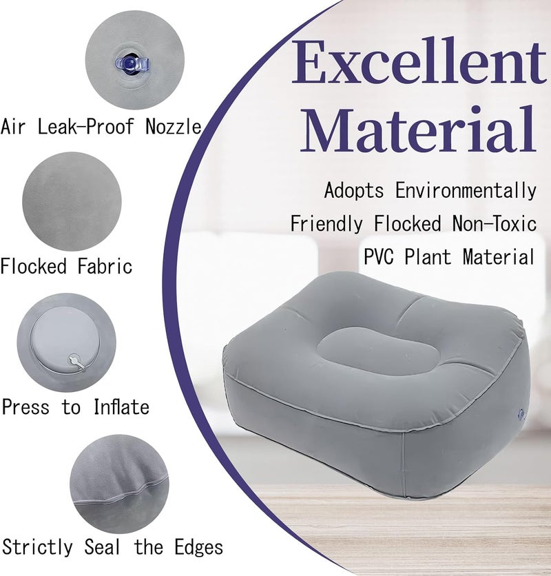 Inflatable Travel Foot Rest Pillow, Upgraded Built-in Press-Type Inflation Device, Soft Flocking Pillow, Flights Relax Cushion, Great for Cars, Home, Office, Trains, Airplane (Grey) - Image 2