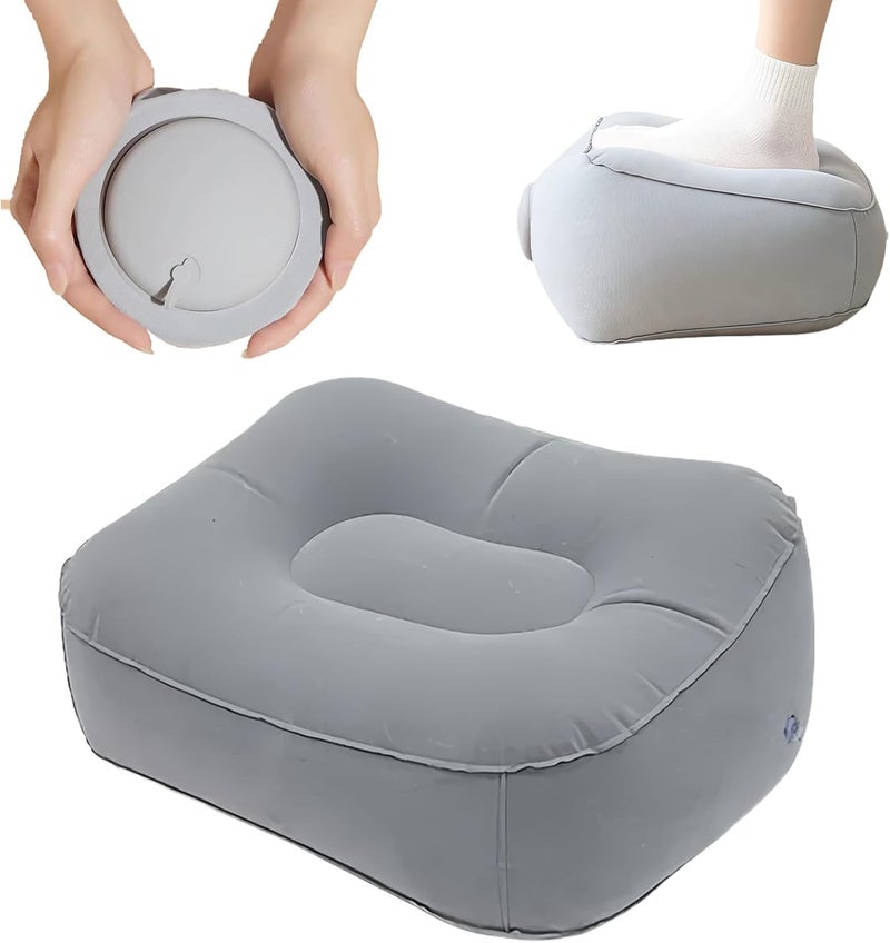 Inflatable Travel Foot Rest Pillow, Upgraded Built-in Press-Type Inflation Device, Soft Flocking Pillow, Flights Relax Cushion, Great for Cars, Home, Office, Trains, Airplane (Grey) - Image 1