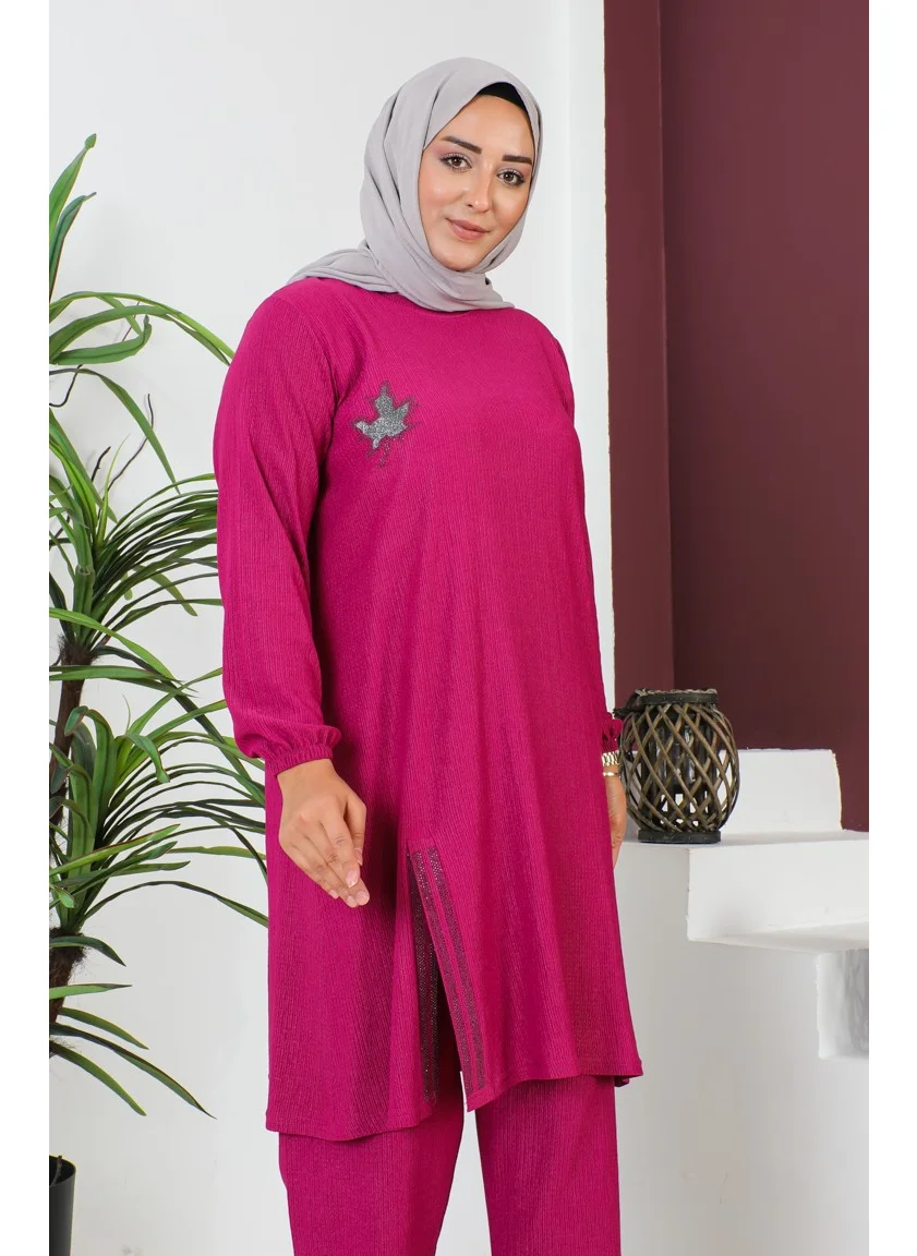 Sefa Merve Plus Size Crepe Tunic Trousers Two Piece Set 2608-06 Fuchsia