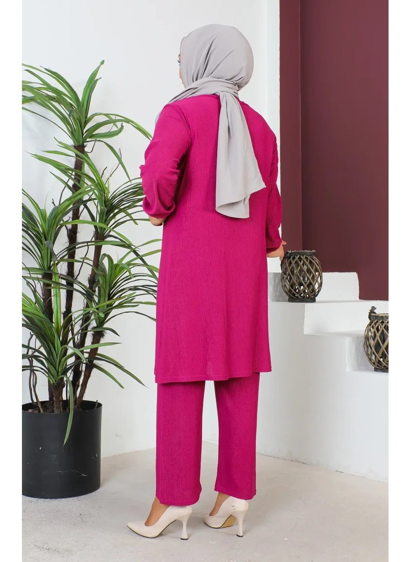 Sefa Merve Plus Size Crepe Tunic Trousers Two Piece Set 2608-06 Fuchsia