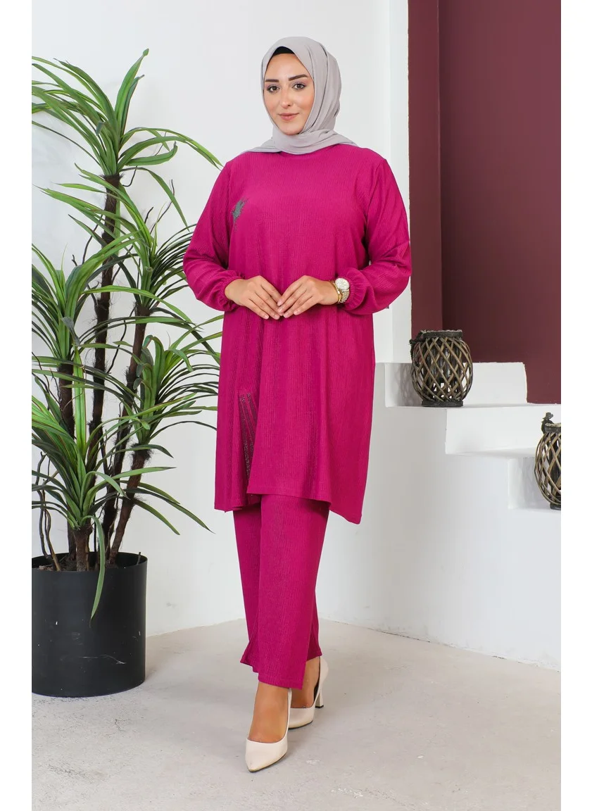 Sefa Merve Plus Size Crepe Tunic Trousers Two Piece Set 2608-06 Fuchsia