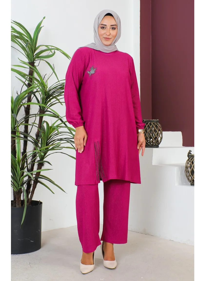 Sefa Merve Plus Size Crepe Tunic Trousers Two Piece Set 2608-06 Fuchsia