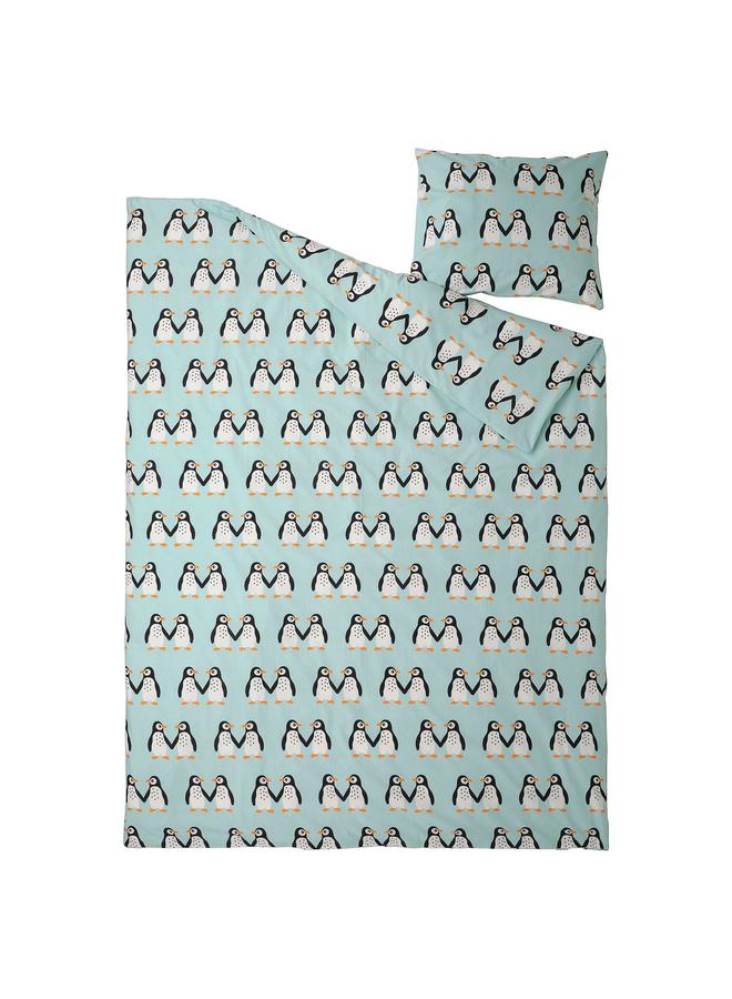 erorex Duvet cover and pillowcase, penguin pattern/light turquoise, 150x200/50x80 cm - Image 2