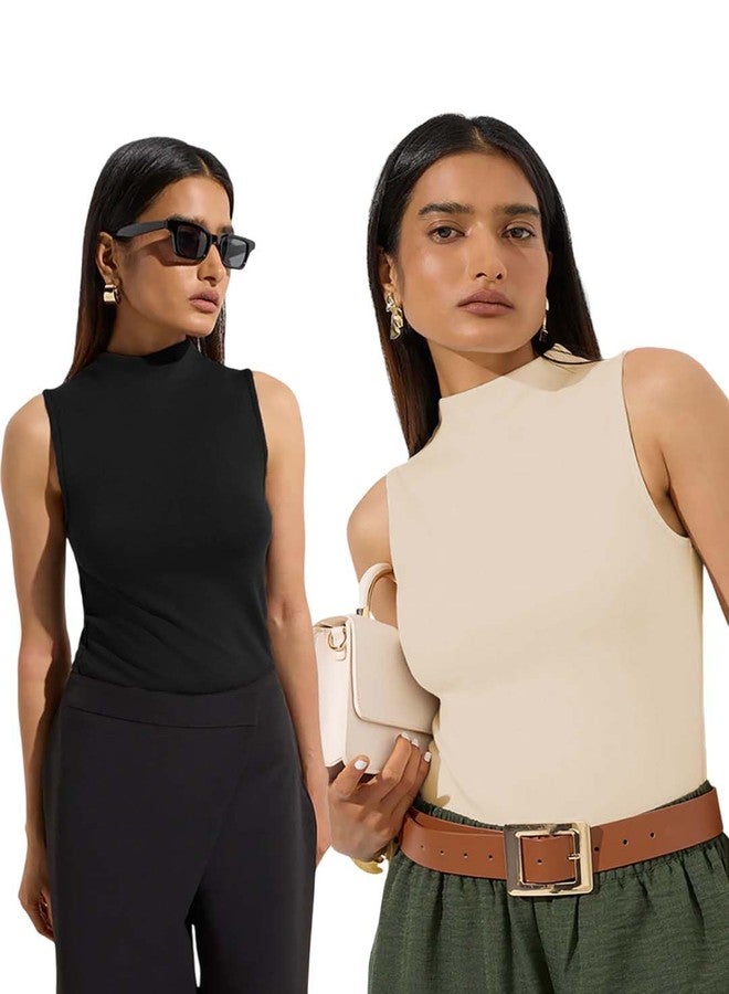 KOTTY Women’s Sleeveless High Neck Combo Tops Pack of 2 for Casual Wear (Beige,XL)-KTT2PCBLACK_BEIGETOP13XL - Image 1