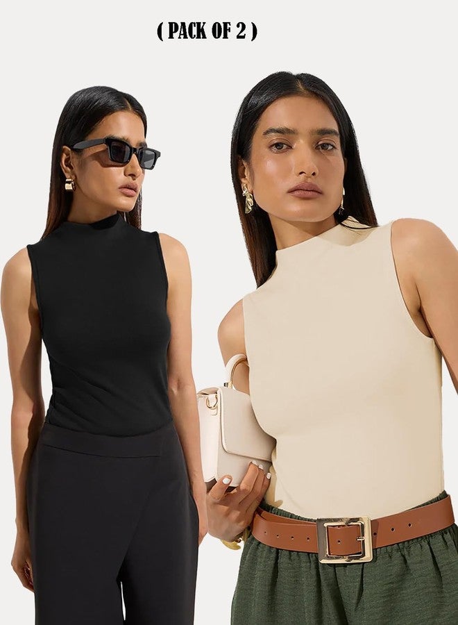 KOTTY Women’s Sleeveless High Neck Combo Tops Pack of 2 for Casual Wear (Beige,XL)-KTT2PCBLACK_BEIGETOP13XL - Image 2