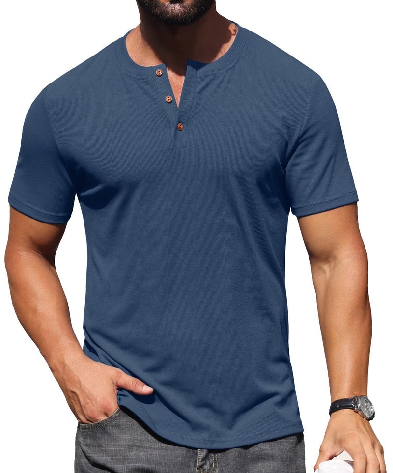 Sailwind Mens Muscle Henley Shirts Lightweight Workout T-Shirt Gym Tee Athletic Short Sleeve with Button Blue - Image 5
