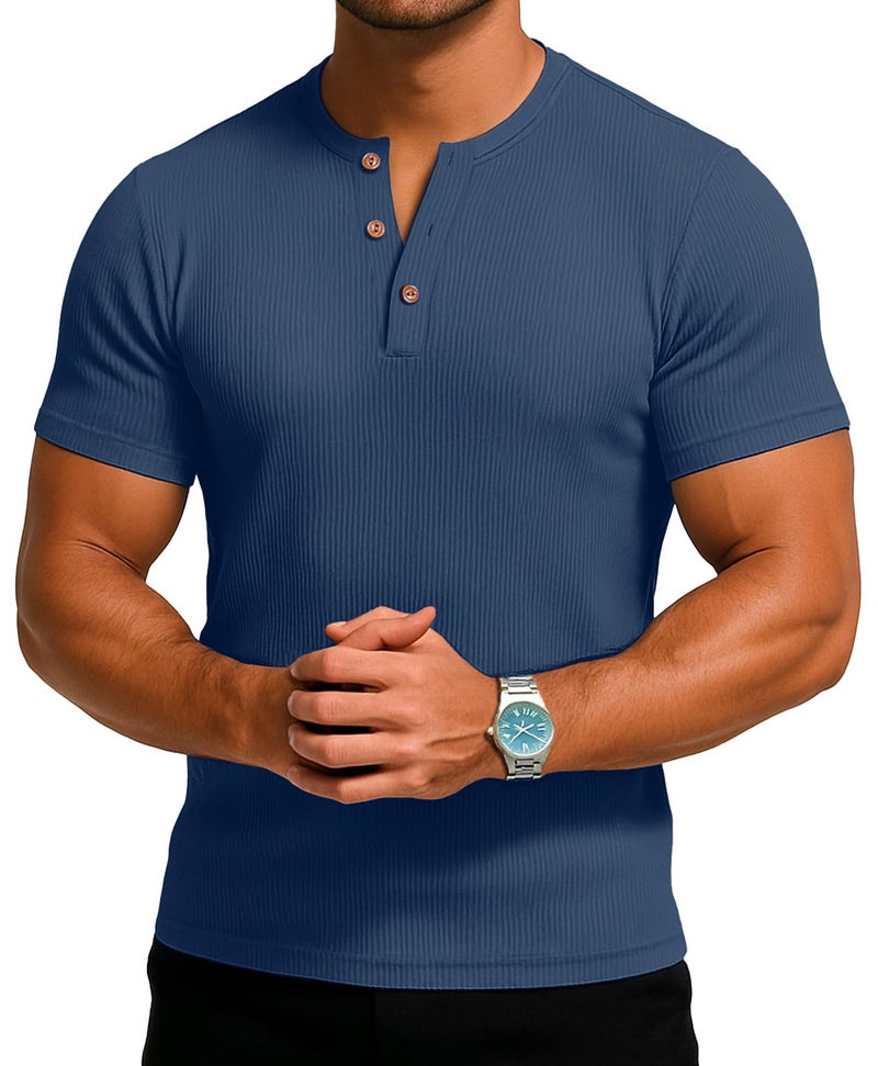 Sailwind Mens Muscle Henley Shirts Lightweight Workout T-Shirt Gym Tee Athletic Short Sleeve with Button Blue - Image 4