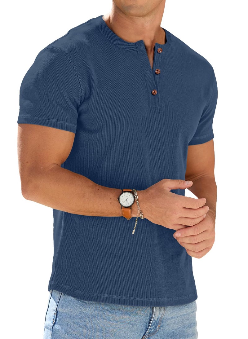 Sailwind Mens Muscle Henley Shirts Lightweight Workout T-Shirt Gym Tee Athletic Short Sleeve with Button Blue - Image 1