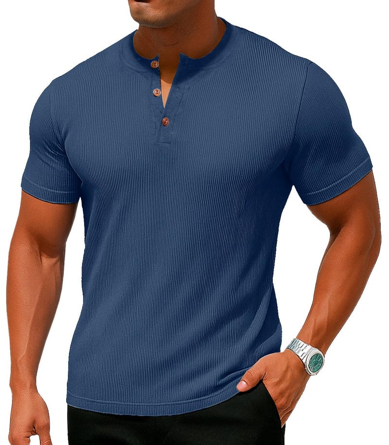 Sailwind Mens Muscle Henley Shirts Lightweight Workout T-Shirt Gym Tee Athletic Short Sleeve with Button Blue - Image 2