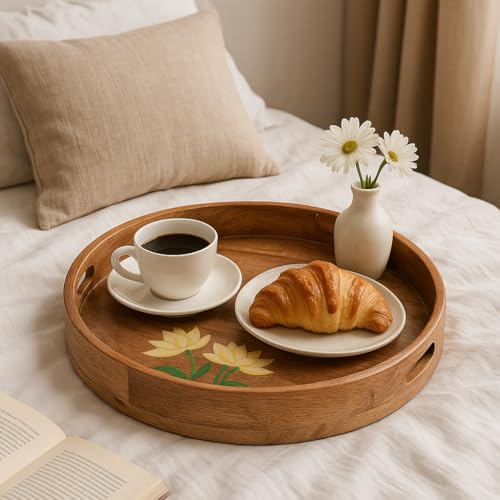 CHITRAKOOT Round Wooden Serving Tray with Handles | Handcrafted Mango Wood with Lotus Design | Perfect for Coffee Table, Breakfast, Gifting & Home Decor - Diameter 26 cm - Image 4
