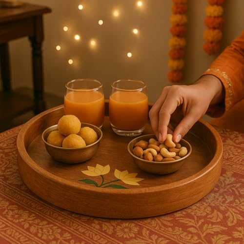 CHITRAKOOT Round Wooden Serving Tray with Handles | Handcrafted Mango Wood with Lotus Design | Perfect for Coffee Table, Breakfast, Gifting & Home Decor - Diameter 26 cm - Image 5