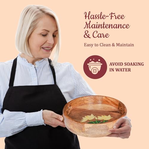 CHITRAKOOT Round Wooden Serving Tray with Handles | Handcrafted Mango Wood with Lotus Design | Perfect for Coffee Table, Breakfast, Gifting & Home Decor - Diameter 26 cm - Image 3