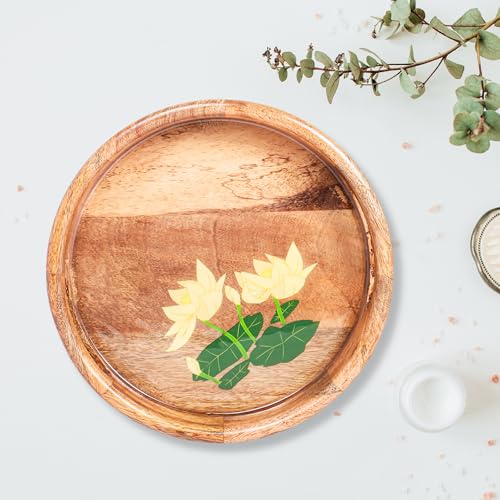 CHITRAKOOT Round Wooden Serving Tray with Handles | Handcrafted Mango Wood with Lotus Design | Perfect for Coffee Table, Breakfast, Gifting & Home Decor - Diameter 26 cm - Image 1