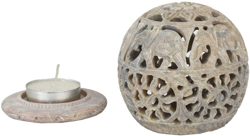 IYBHandcrafted Elephant Carving Soapstone Marble Round Tea Light Candle Holder for Gifting Meditation Aromatherapy Home Decor etc